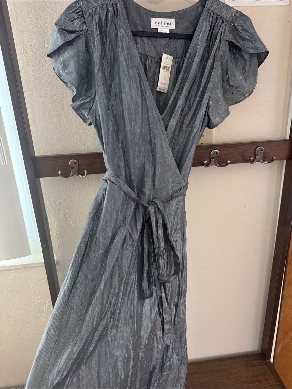 Anthropologie Silver Metallic Wrap dress